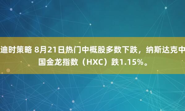 迪时策略 8月21日热门中概股多数下跌，纳斯达克中国金龙指数（HXC）跌1.15%。